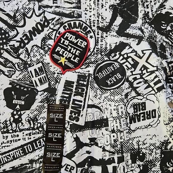 Sean John Short Sleeve Newspaper Graphic Tee Bright White Large - Picture 5 of 12